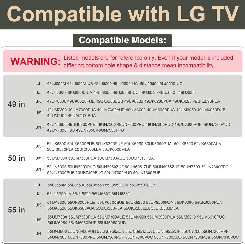 Maozhren Stand for LG TV Legs Replacement, TV Stand Legs Only for LG 55UK6500 55UJ6540 55UM7300 55UN6900 55LJ5500UA 49UJ6300 49UK6300 49UM7300 49UN6900 50UK6300 50UK6500 50UN6900, Only for Models We List - Image 3
